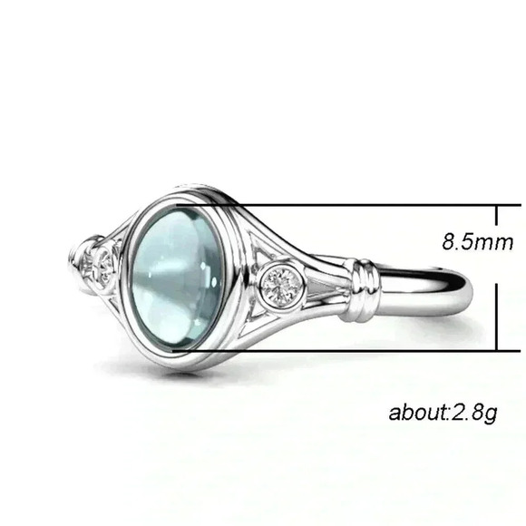 Romantic 925 Silver Stamped Blue Cats Eye Sim. Diamond Ring - Picture 3 of 3